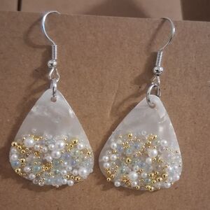 Pearl & Gold Bead White Teardrop Earrings - Unbranded